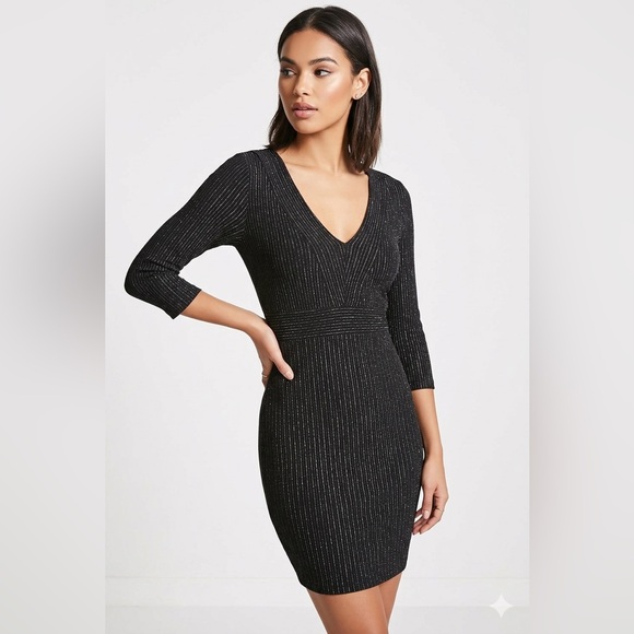 Forever 21 Dresses & Skirts - Forever 21 Black Metallic Ribbed V-Neck Mini Dress - Smalll